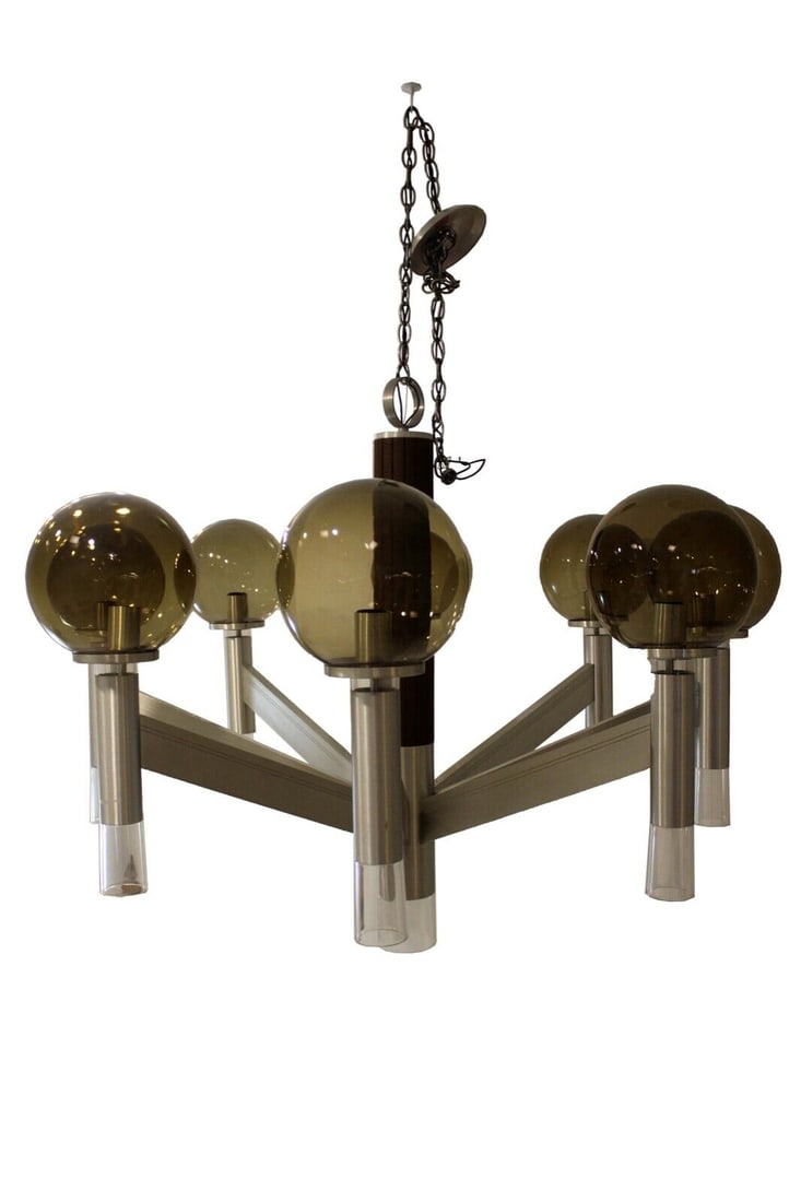 Sonneman Style Large Mid Century Modern Smoked Glass & Metal & Walnut Chandelier: Frome Le Shoppe Modern in Michigan comes this stunning mid century modern chandelier reminiscent of Robert Sonneman's famous lollipop globe lighting from the 1970's. This fixture has 8 walnut