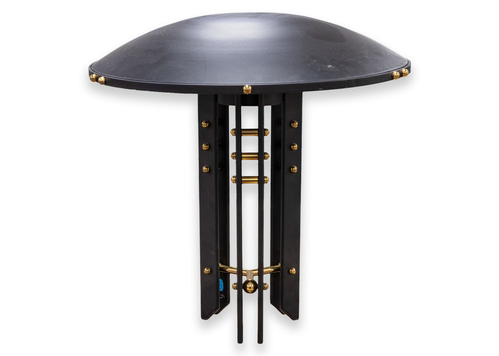 Robert Sonneman for Kovacs Echoes of Vienna Lamp Postmodern Space Age Lighting 1987: A postmodern Space Age black and gold “Echoes of Vienna” table lamp designed by Robert Sonneman for Kovacs. Produced circa 1987. Removable grated mesh shade to top surmounting triple sets