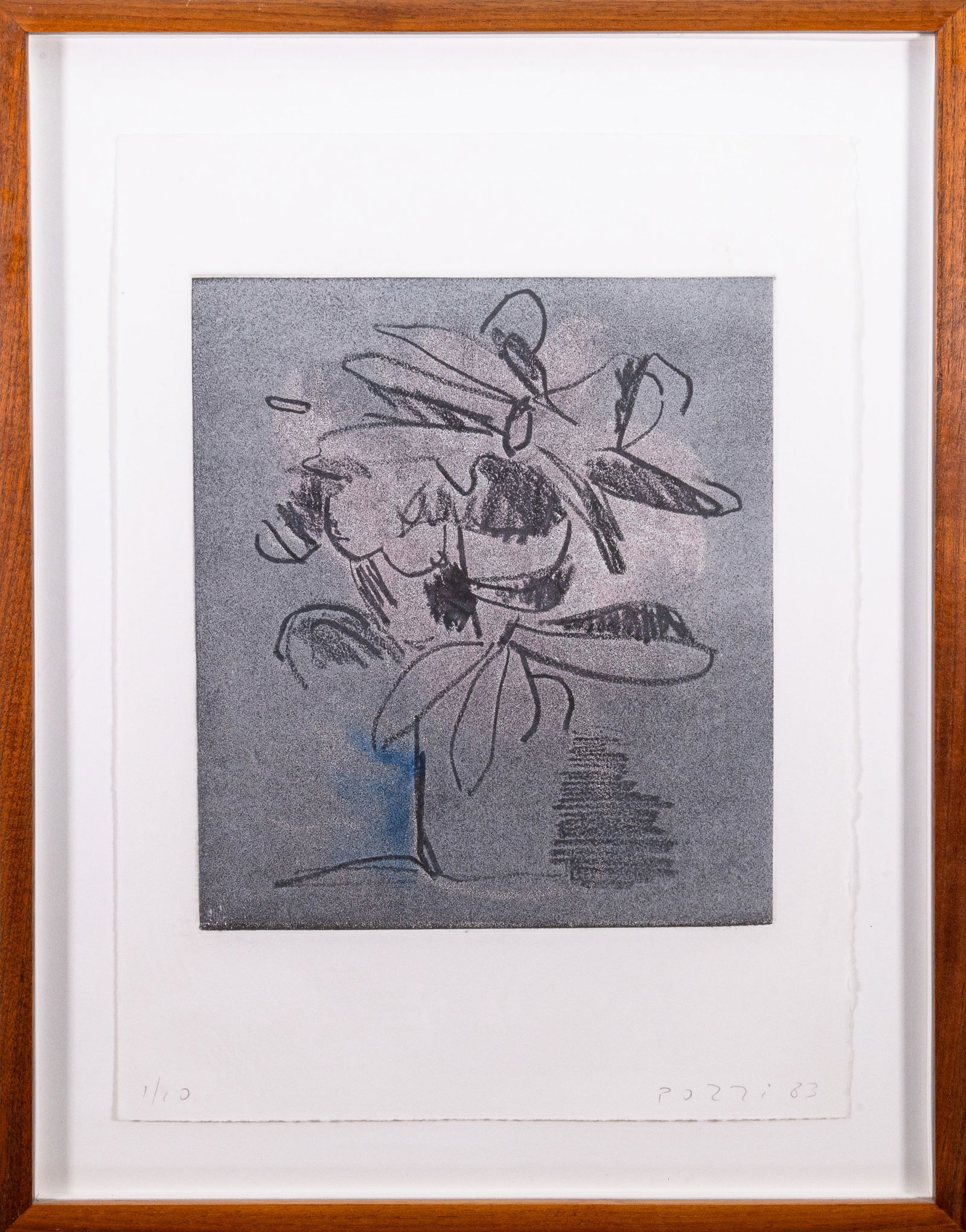 Lucio Pozzi Untitled (Flowers) Signed Unique Modern Etching on Paper 1/10 Framed 1983: A unique modern etching on paper Untitled (Flowers) by Lucio Pozzi. Hand signed, dated 1983, and annotated 1/10 along the lower margin. An expressive floral still life in a monotone grey composition.