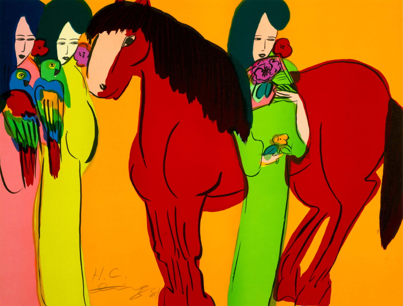 Walasse Ting Red Horse Signed Modern Lithograph in Colors on Paper H.C. Unframed 1981: A modern lithograph in colors on paper titled “Red Horse” by Walasee Ting. Hand signed and dated on the lower left with an H.C. annotation. Published in 1981. An expressive figurative comp