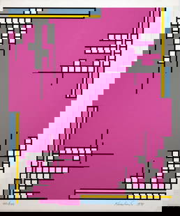 Nicholas Krushenick Over the Top Signed Pop Art Abstraction Silkscreen 40/200 Unframed 1978: An abstract postmodern silkscreen in colors on paper titled “Over the Top” by Nicholas Krushenick. Hand signed in pencil and dated lower right with an annotation of 40/200 on the bottom le