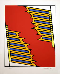 Nicholas Krushenick Silver Liner Signed Pop Art Abstraction Silkscreen 138/200 Unframed 1977: An abstract postmodern silkscreen in colors on paper titled “Silver Liner” by Nicholas Krushenick. Hand signed in pencil and dated lower right with an annotation of 138/200 on the bottom l
