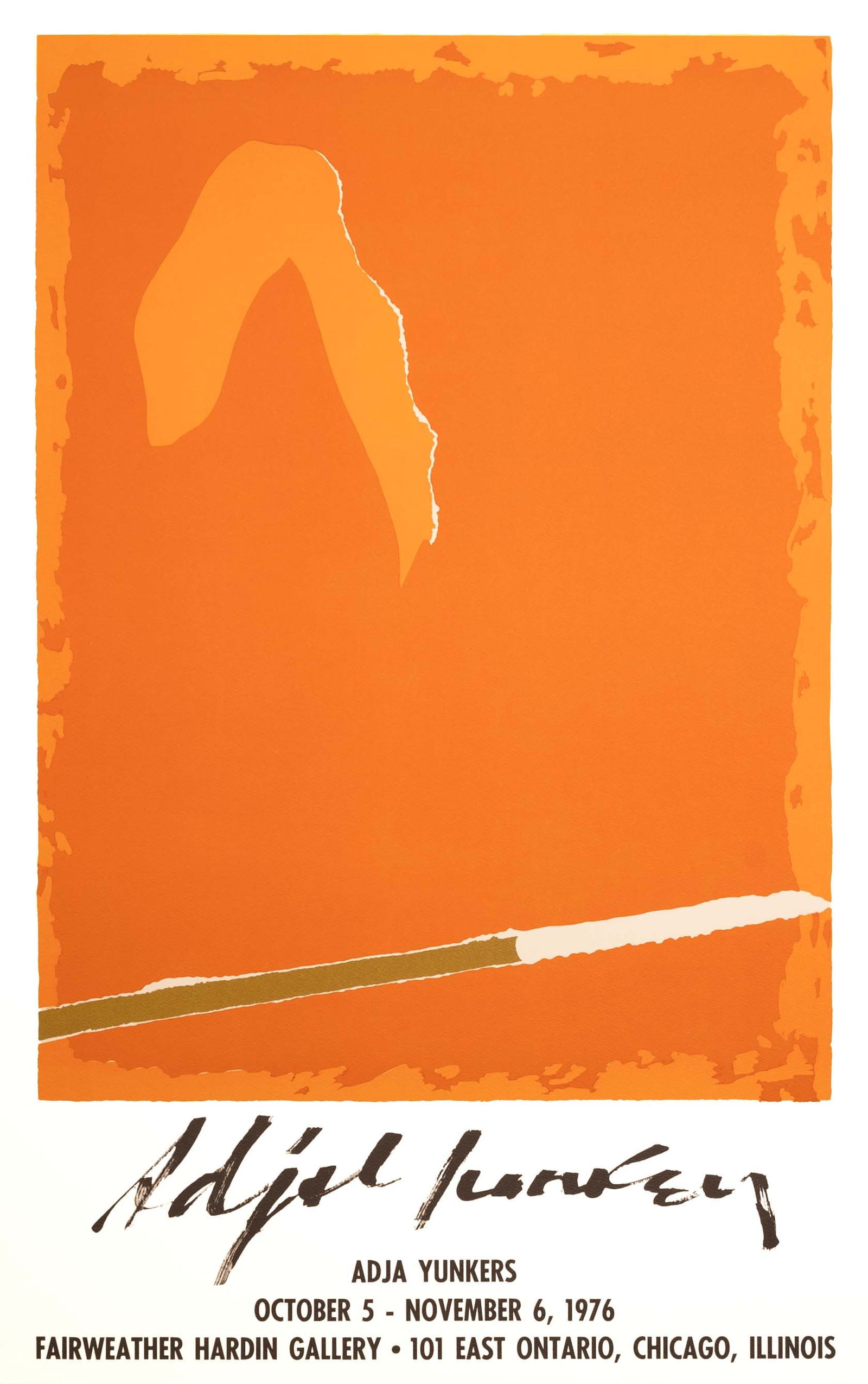 Adja Yunkers Fairweather Hardin Gallery Modern Lithographic Exhibition Poster Unframed 1976: A modern lithographic exhibition poster on paper promoting Adja Yunkers at Fairweather Hardin Gallery in Chicago, 1976. An abstracted composition in orange. Provenance: Alice Simsar Gallery, Ann Arbor
