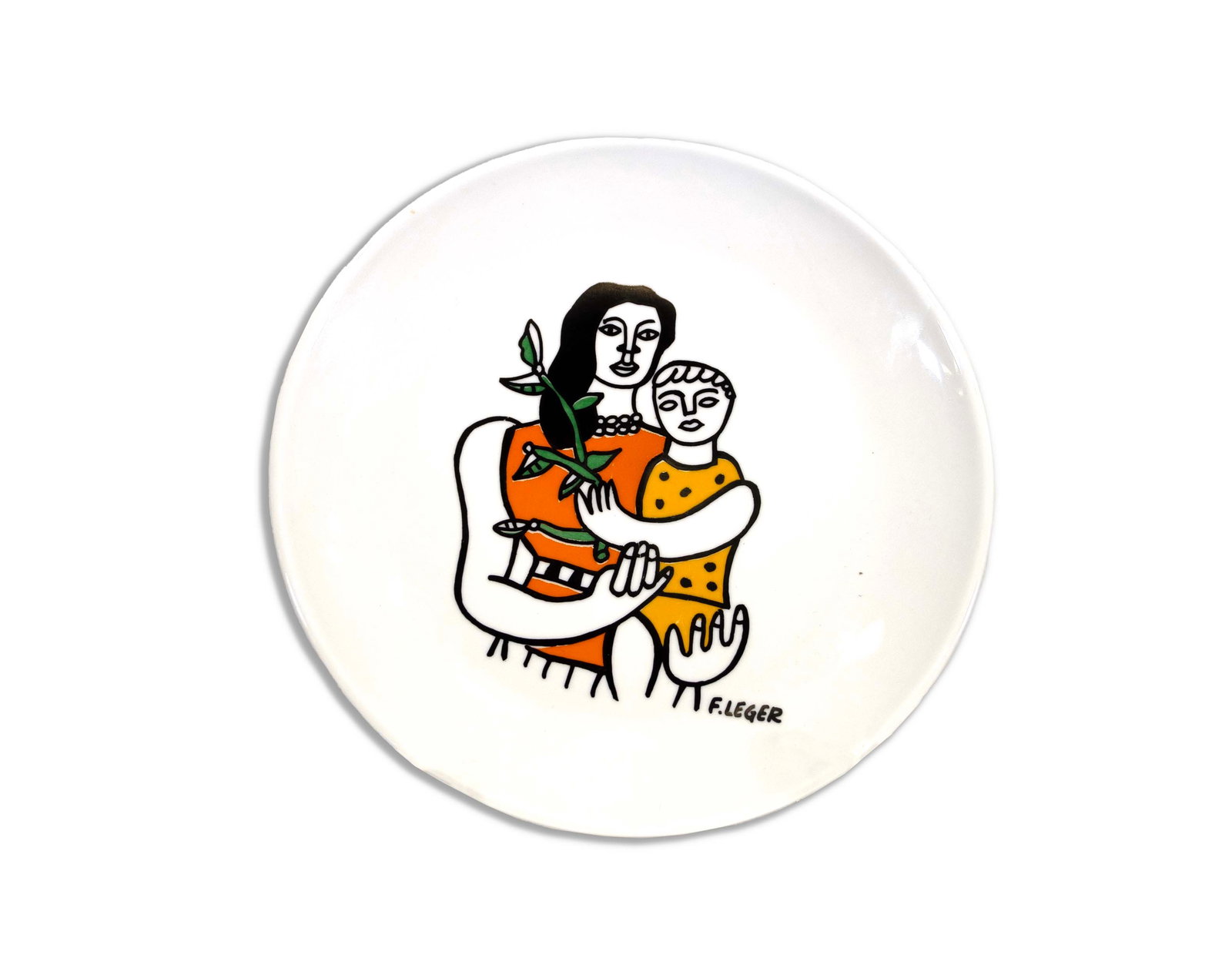 Fernard Leger Mother and Child Stamped Porcelain Plate for Musee F. Leger 1970s: A vintage glazed porcelain plate with transfer design depicting "Mother and Child" by Fernard Leger. Green back stamped "Chauvigny France" and a black back stamp that states "