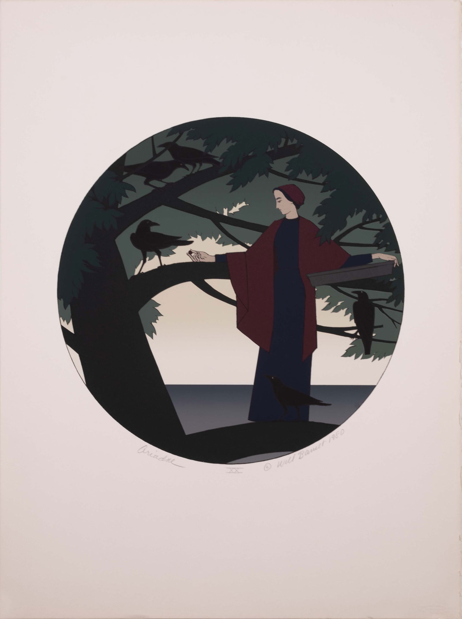 Will Barnet Ariadne Signed Modern Realist Silkscreen on Paper XX Unframed 1980: A modern realist silkscreen on heavy paper titled “Adiadne” by American artist Will Barnet. Hand signed in pencil, dated, titled and annotated XX along the bottom margin. Published in 1980