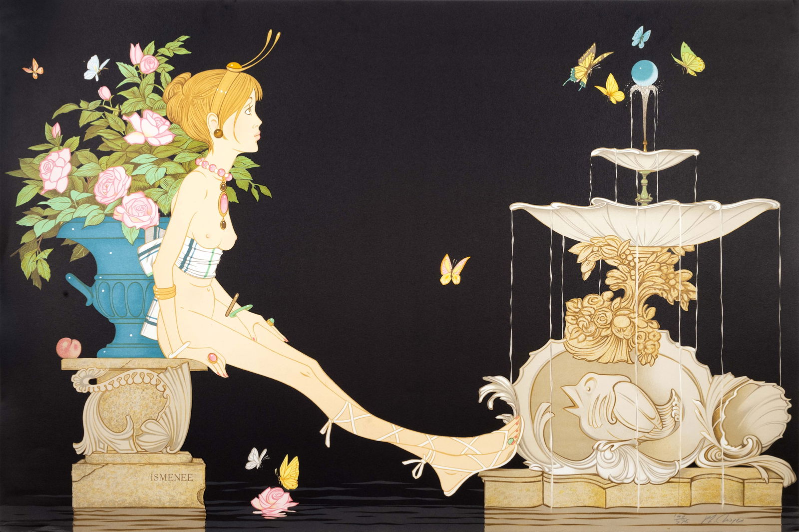 Philippe Henri Noyer Ismenee Signed Art Nouveau Lithograph on Paper 140/375 Unframed 1950s: A modern Art Nouveau inspired lithograph on paper titled “Ismenee” by French artist Philippe Henri Noyer. Hand signed in pencil on the bottom right with an annotation of 140/375 on the bot