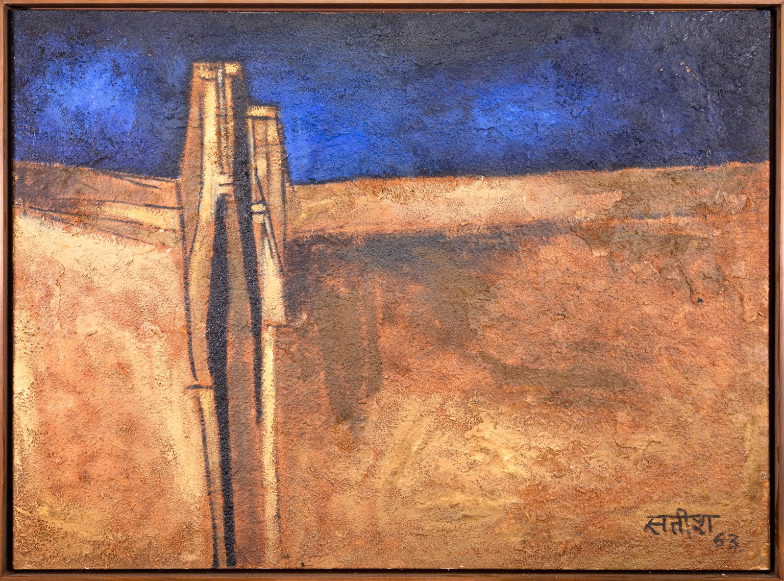 Satish Gujral Pilgrims Signed 1963 Modern Minimalist Mixed-Media Painting on Canvas Framed: A modern minimalist oil and mixed-media painting on canvas titled “Pilgrims” by Indian artist Satish Gujral. Signed, titled, and dated 1963 on verso. An abstract architectural composition