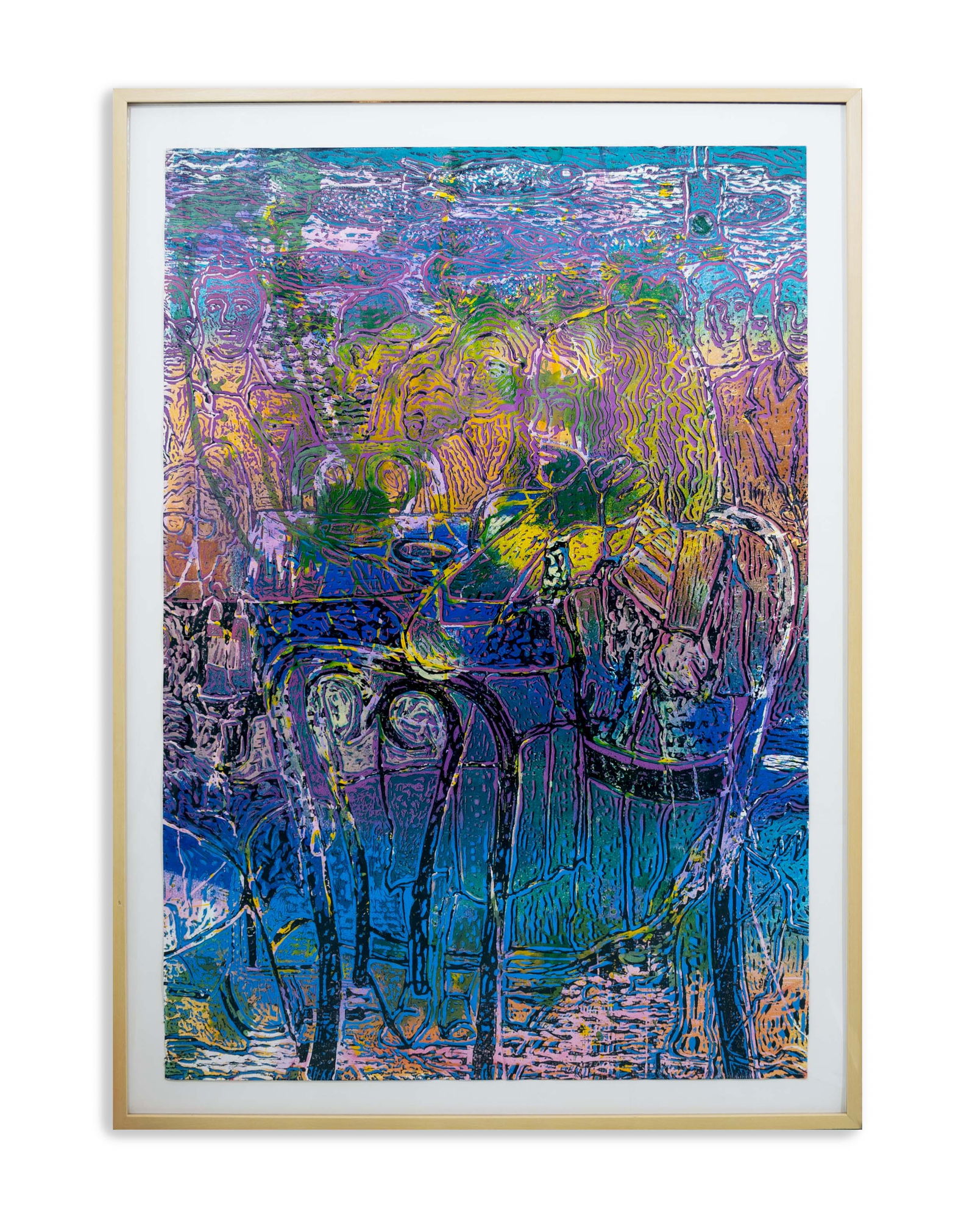 Cham Hendon Musing (middle) Contemporary Relief and Hand Painting on Paper 1987 Framed: A contemporary relief and hand painting on Stonehenge paper titled “Musings (middle)” by Cham Hendon. Edition of 36. Published by Tandem Press in 1987. The artist’s style has been de