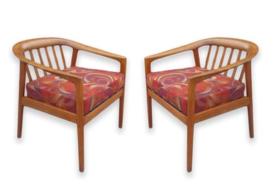 Folke Ohlsson for Dux Pair of Teak Chairs with Red Fabric Scandinavian Modern Design