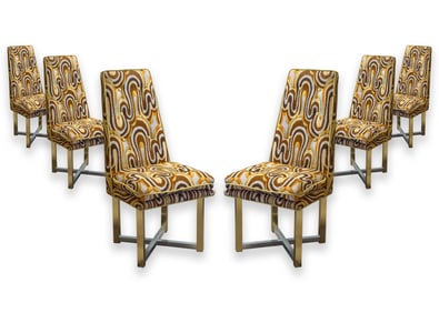Set of 6 Jack Lenor Larsen Style Fabric Brass and Chrome Vintage Dining Chairs