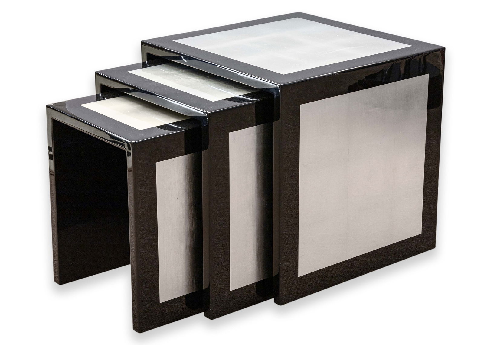 Set of 3 Contemporary Modern Black and Silver Lacquered Side End Nesting Tables (1 of 6)