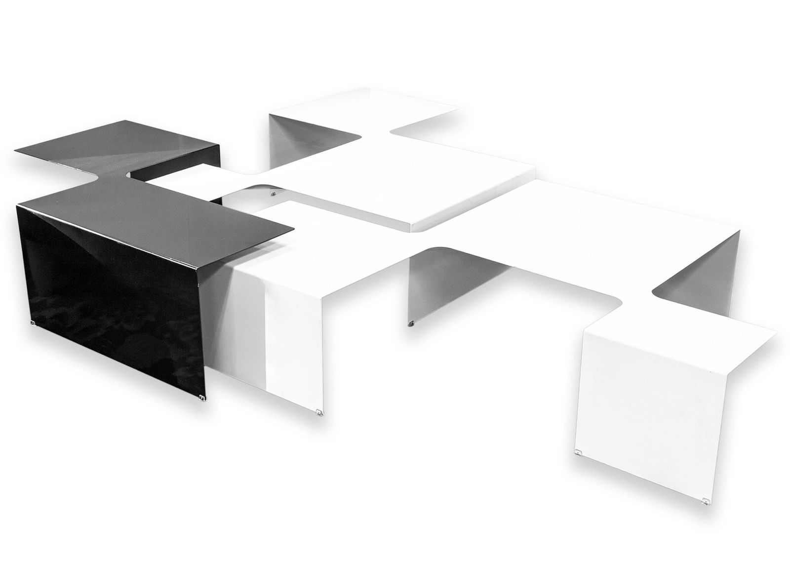 Cappellini Island 3 Piece Modular Black and White Contemporary Coffee Table: A 3 piece Cappellini Island coffee table. This very unique contemporary modern coffee table features a super cool modular design. This table consists of three separate pieces: 1 black table, and 2 ide