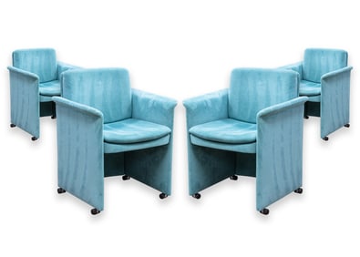 Mario Bellini for Cassina Set of 4 401 Break Style Blue Velvet Rolling Armchairs