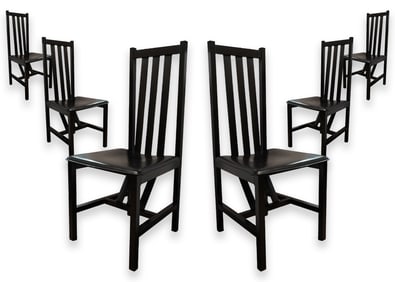 Set of 6 Black Wood and Leather Strap Contemporary Dining Chairs Made in Italy