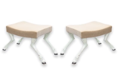 Pair of Contemporary Modern Beige Fabric Painted Goat Leg Bench Stool Ottomans