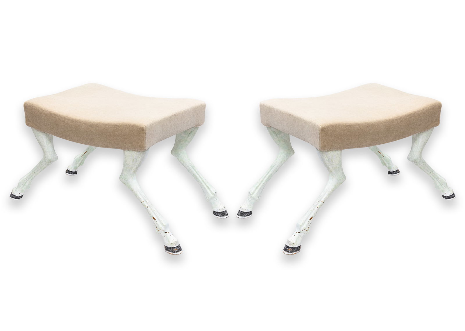 Pair of Contemporary Modern Beige Fabric Painted Goat Leg Bench Stool Ottomans (1 of 10)