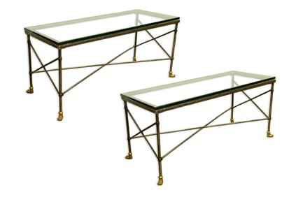 Gilani Furniture Pair of Leon Tea Tables Brass & Glass Contemporary Roman Etruscan Style
