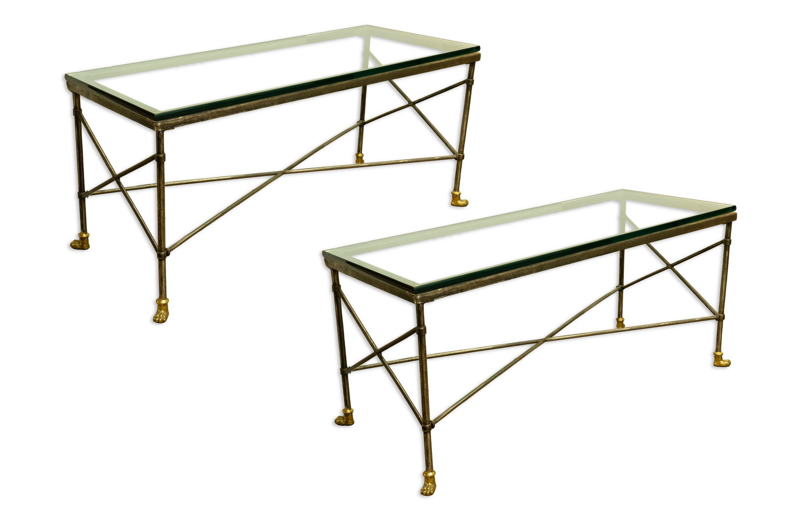 Gilani Furniture Pair of Leon Tea Tables Brass & Glass Contemporary Roman Etruscan Style: A pair of “Leon Tea Tables” designed by Shah Gilani of Gilani Furniture. Brass base with glass top. Contemporary roman Etruscan style exemplifies elegant and timeless design. From a privat