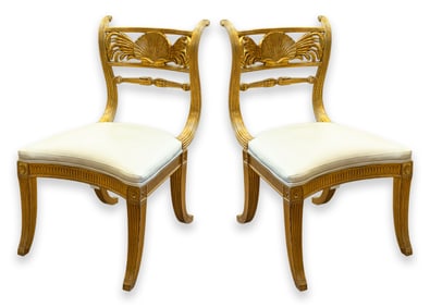 Rose Tarlow Pair of Regency Shellback Chairs Italian Neoclassical Style Gilded Wood Circa 20th