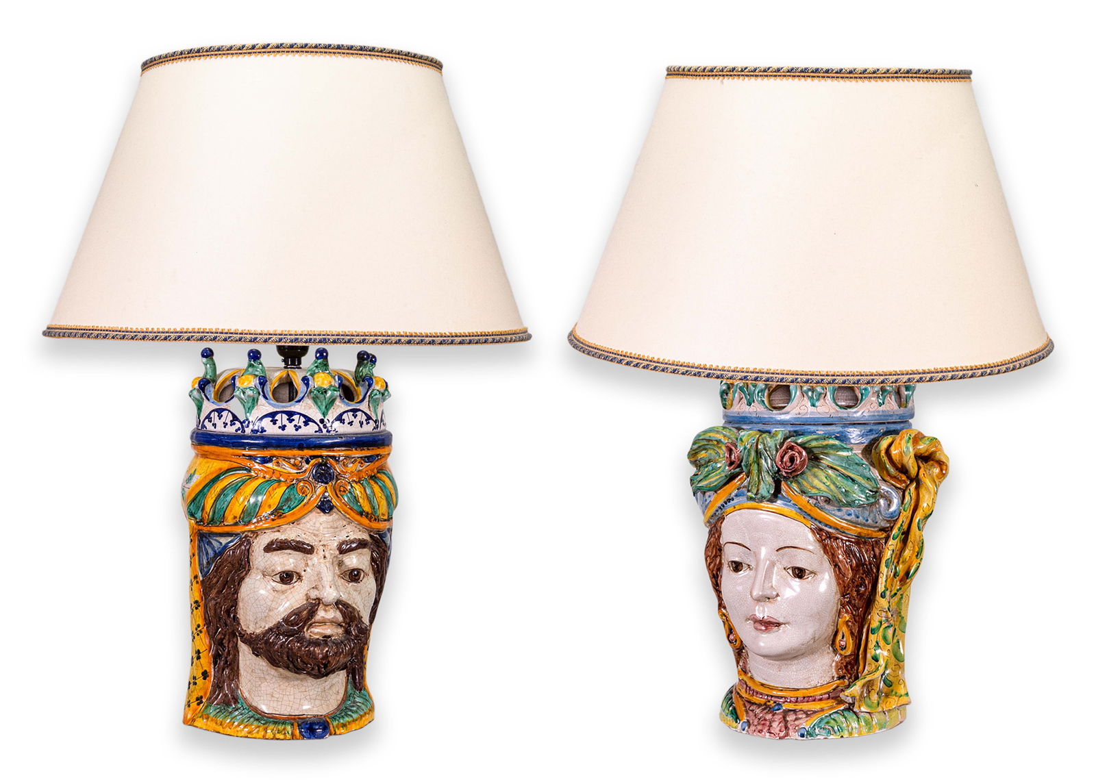 Pair of Italian Caltagirone Painted Ceramic King and Queen Head Table Lamps (1 of 15)