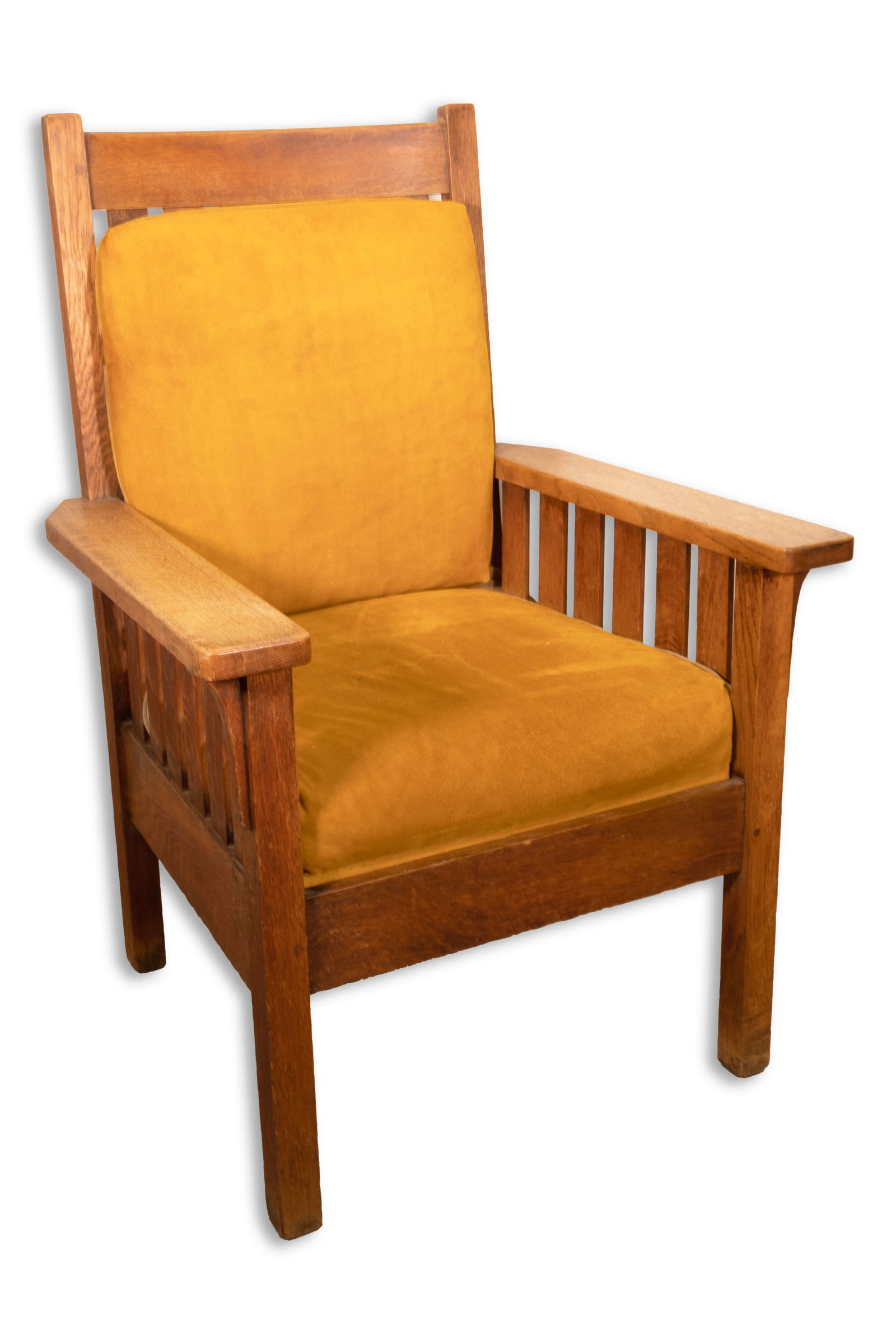 Stickley Bros. Co Arts & Crafts Slatted Oak Armchair Antique Mission Style Furniture 20th Century: An Arts & Crafts slatted oak armchair manufactured by Stickley Bros. Co, Grand Rapids. Stamped with maker’s mark on the underside. Early 20th century. Mission style furniture with clean, straigh
