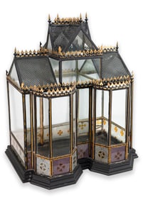 Antique English Victorian Terrarium Gothic Revival Style Tin and Glass on Contemporary Base 1865