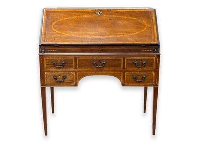 Antique Marquetry Inlaid Mahogany Writing Secretary Desk Made in England Early 20th Century