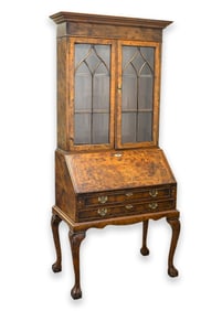 Antique Queen Anne Style Burr Walnut Bureau Bookcase Secretary Desk Early 20th Century