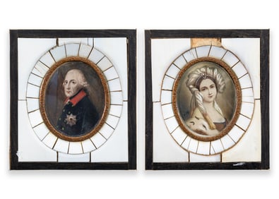 Antique Pair of Miniature English Portraits Signed Mosaic Frame 19th Century