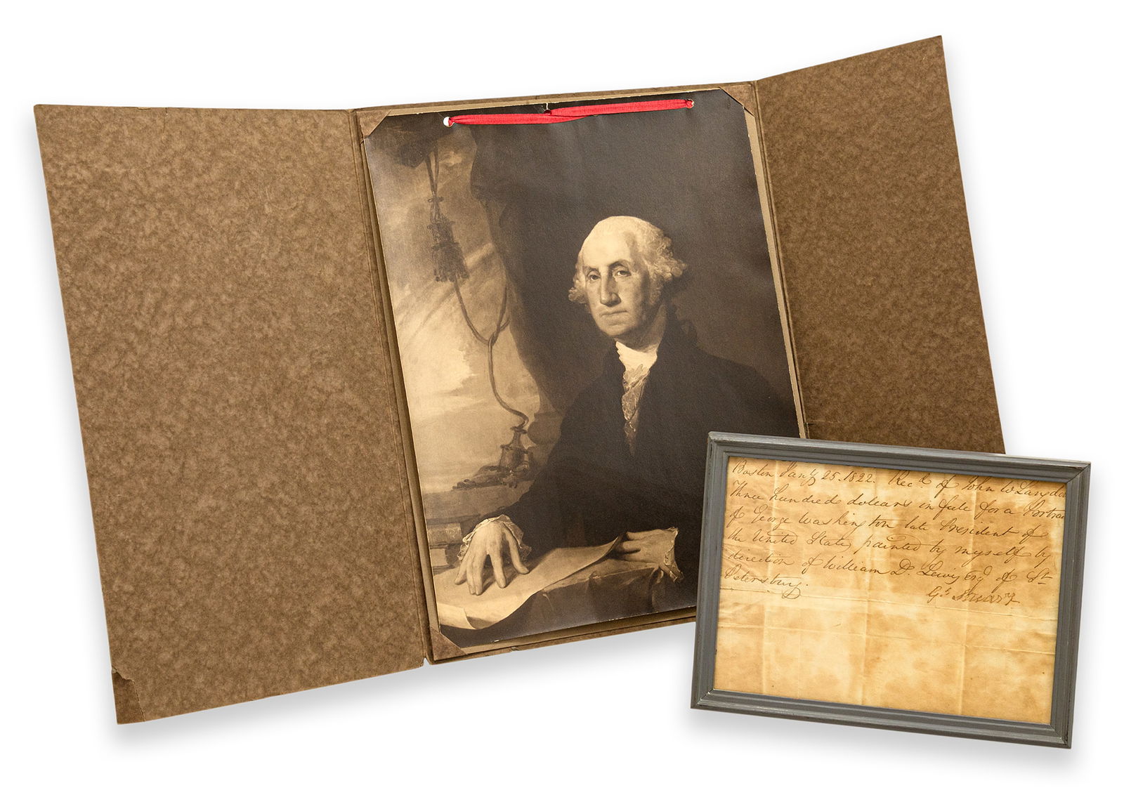 Hand Written & Signed Receipt for The Lewis-Wilson Portrait of George Washington by Gilbert Stuart: A truly extraordinary historical artifact, this collector’s folder presents a remarkable assemblage of materials tied to one of America’s most celebrated portraits—the Lewis-Wilson p
