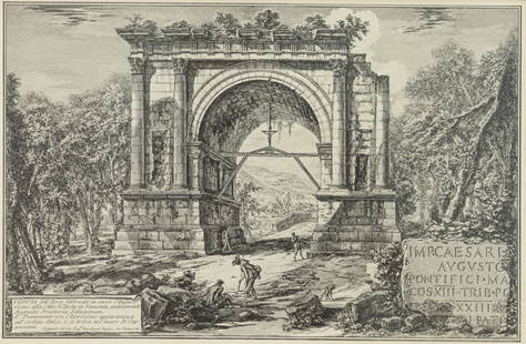 Giovanni Battista Piranesi Veduta dell’Arco fabbricato in onore di Augusto Engraving Rome 18th: An antique etching engraving titled “Veduta dell’Arco fabbricato in onore di Augusto” by Giovanni Piranesi. Published circa mid-18th century. Giovanni Battista Piranesi (1720-1778) w