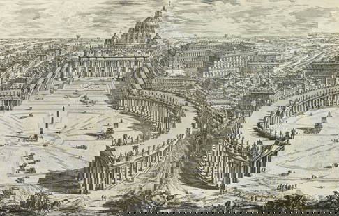 Giovanni Battista Piranesi Vue de la Basilique Vaticane Antique Engraving Rome 18th Century: An antique etching engraving titled “Vue de la basilique vaticane, de son portique spacieux et de la place adjacente” by Giovanni Piranesi. Published circa mid-18th century. Giovanni Batti