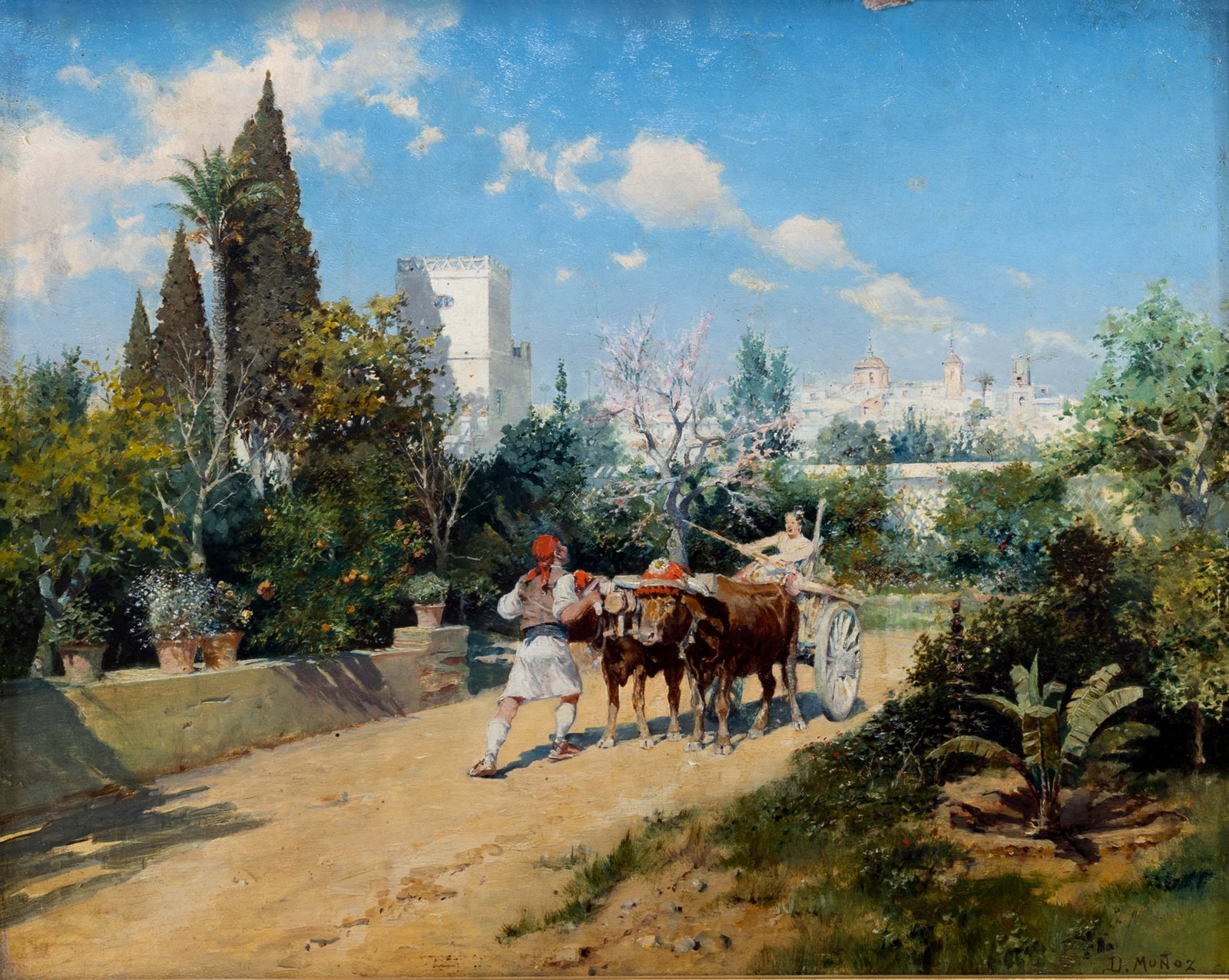 Domingo Muñoz Cuesta Signed Impressionist Spanish Genre Oil Painting on Canvas Framed: An Impressionist genre style oil painting on canvas by Spanish artist Domingo Muñoz Cuesta. Hand signed lower right. The composition depicts a rural landscape with a village in the background. A 