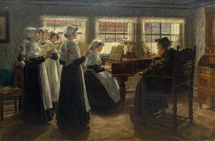 Walter Firle Untitled (Portrait of Six Girls at Piano) Signed Oil on Canvas 19th Century Genre