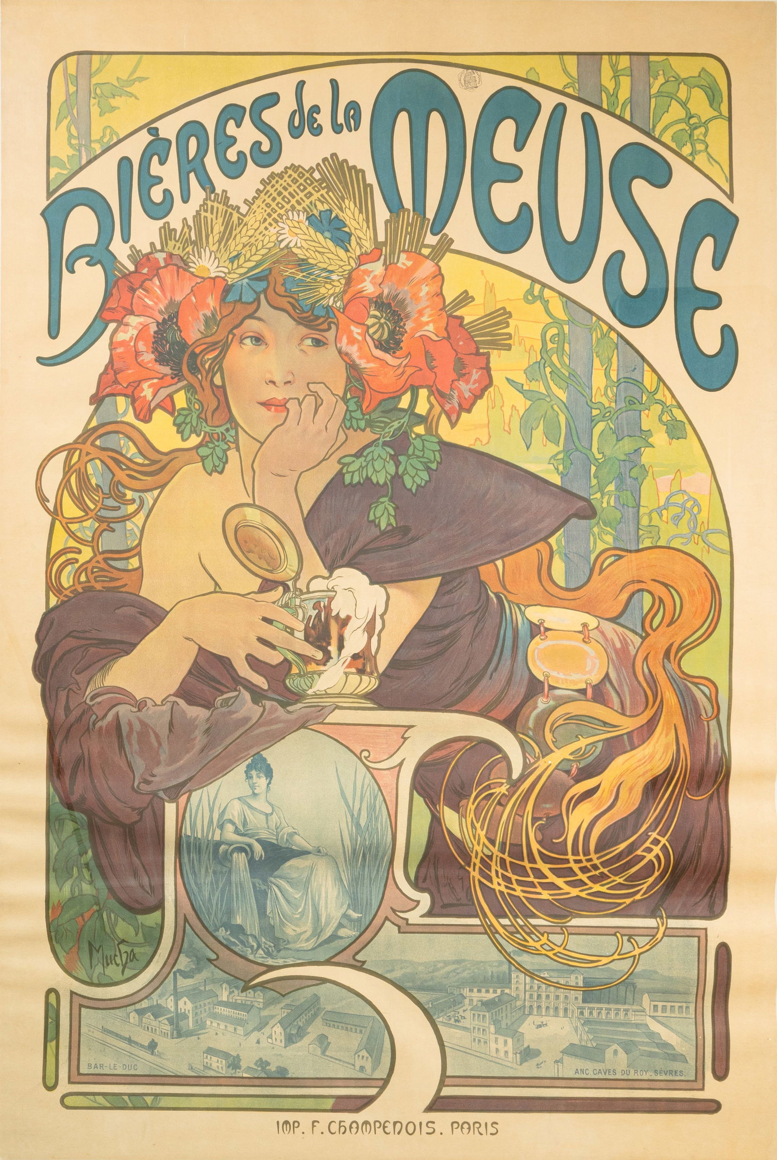 Alphonse Mucha Bières De La Meuse 1897 Art Nouveau Lithograph Imp. F. Champenois, Paris: An original color lithograph titled “Bières De La Meuse” Art Nouveau artist Alphonse Mucha. Printed in 1897, Imp. F. Champenois, Paris. “Republique Francaise” stamp markin