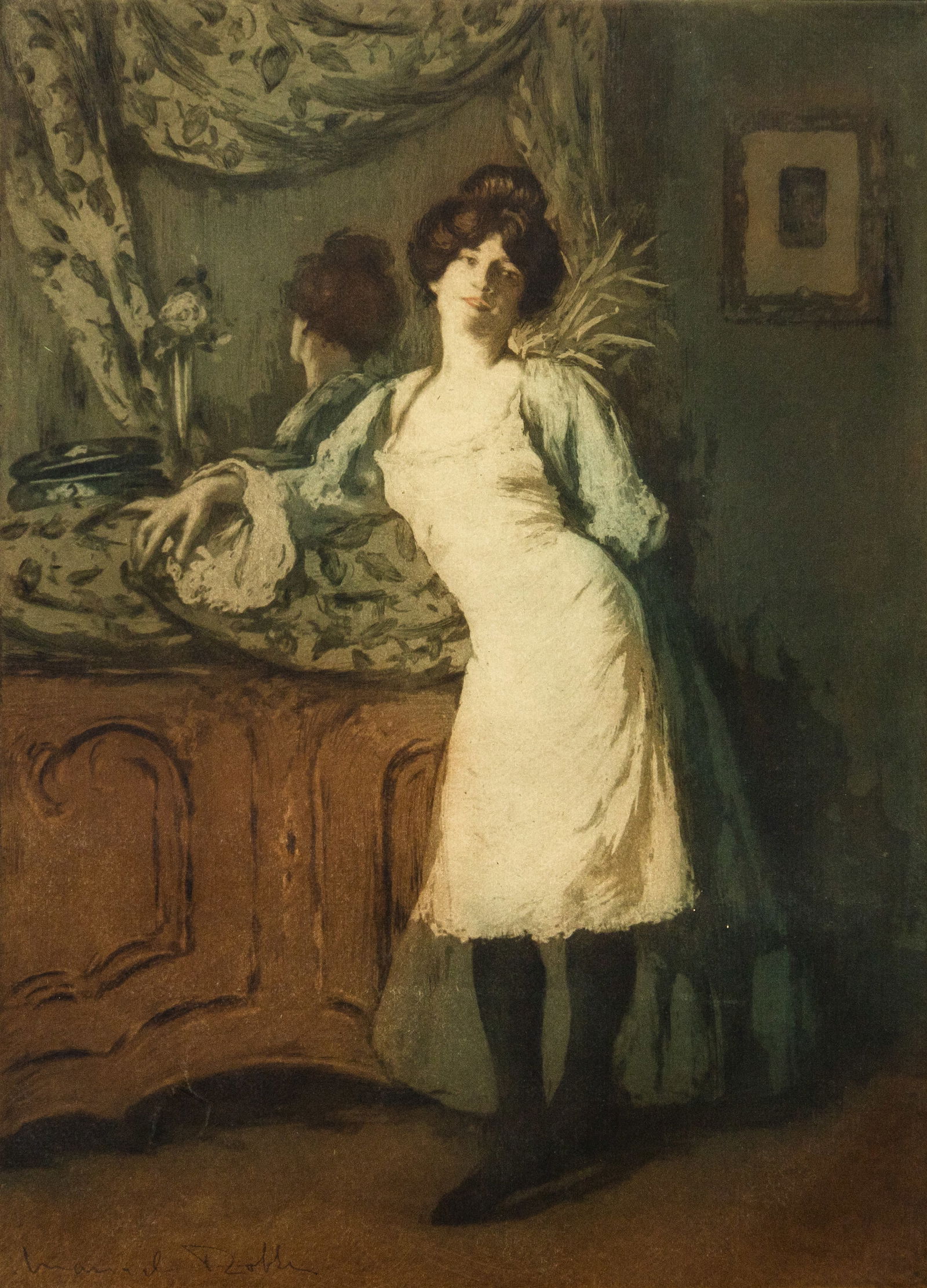 Manuel Robbe La Coquette Signed Antique Color Etching with Aquatint Unframed 1905 (1 of 10)