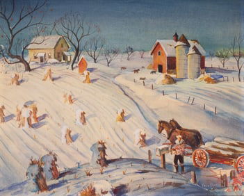Fred Doyle Penney Signed Winter Farm Scene Watercolor Genre Painting American Realism Framed