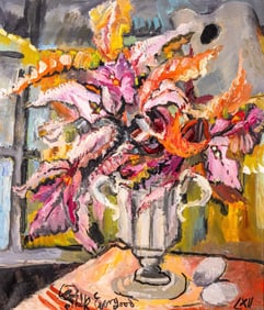 Philip Evergood Orchids in my Studio Signed Modern Expressive Oil Painting