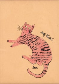 Andy Warhol Sam the Cat Signed Modern Pop Art Hand Colored Mixed Media on Paper 1954 Framed