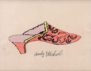 Andy Warhol Sunset & Evening Shoe Signed Modern Pop Art Hand Colored Mixed Media Paper 1955 Framed