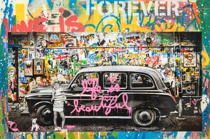 Mr. Brainwash Thierry Guetta Black Cab (Life is Beautiful) Signed Mixed Media on Paper Framed