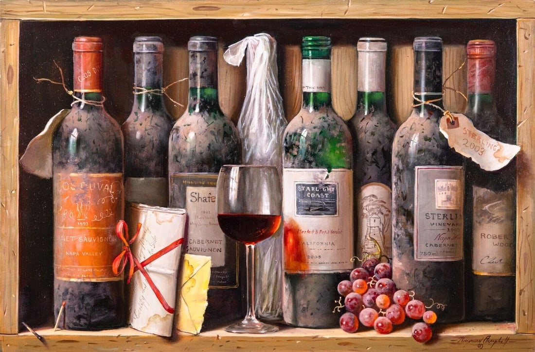 Raymond Campbell California Wines Original Oil Painting on Board: This captivating oil painting by Raymond Campbell, titled ""California Wines,"" depicts a rustic wooden crate filled with an assortment of wine bottles, a glass of red wine, grapes, cheese, and a scro