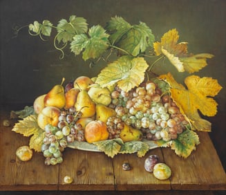 Jose Escofet Plate of Mixed Fruit and Grape Vine on Wooden Floor Signed Oil Painting on Canvas