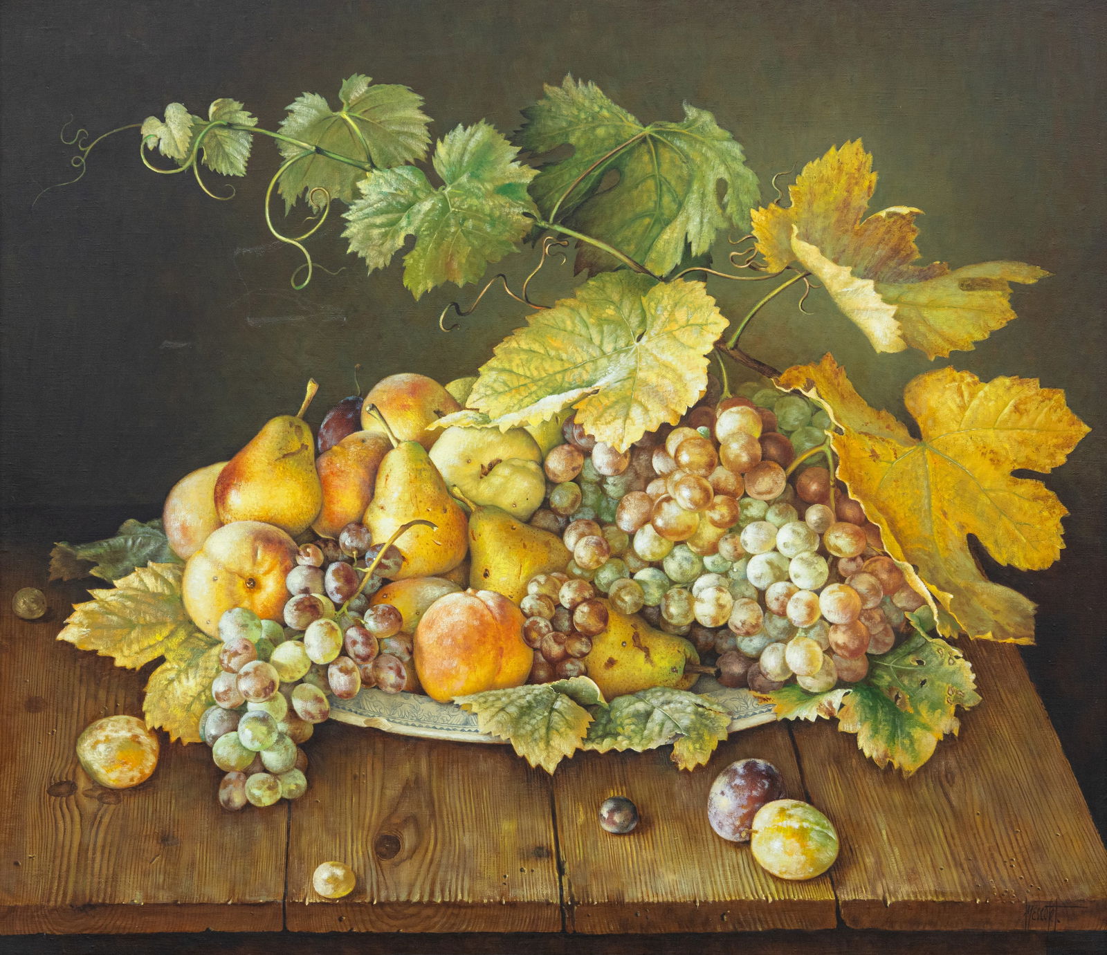 Jose Escofet Plate of Mixed Fruit and Grape Vine on Wooden Floor Signed Oil Painting on Canvas (1 of 9)