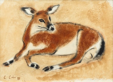 Charles Culver Signed Resting Deer Modern Pastel Watercolor Painting on Paper Unframed 1950s