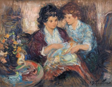 Pierre Eugène Duteurtre Mother & Child #1 Signed Impressionist Oil Painting on Canvas Framed