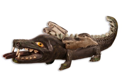 Antique Mexican Folk Art Dragon Sculpture Hand Carved & Painted Wood 20th Century