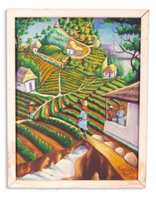 Favarange Valcin Signed Modern Haitian Folk Art Acrylic Painting on Board 1968 Framed