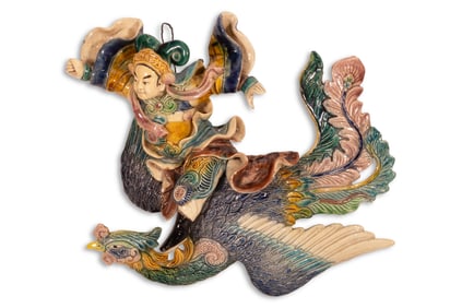Antique Chinese Warrior & Phoenix Bird Glazed Terra Cotta Hanging Wall Sculpture Roof Tile 1900s