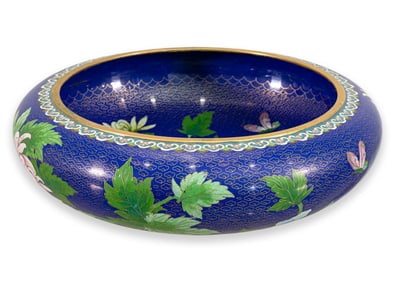 Vintage Chinese Cloisonne Brass Bowl Blue Enamel with Peony Flower Design 20th Century